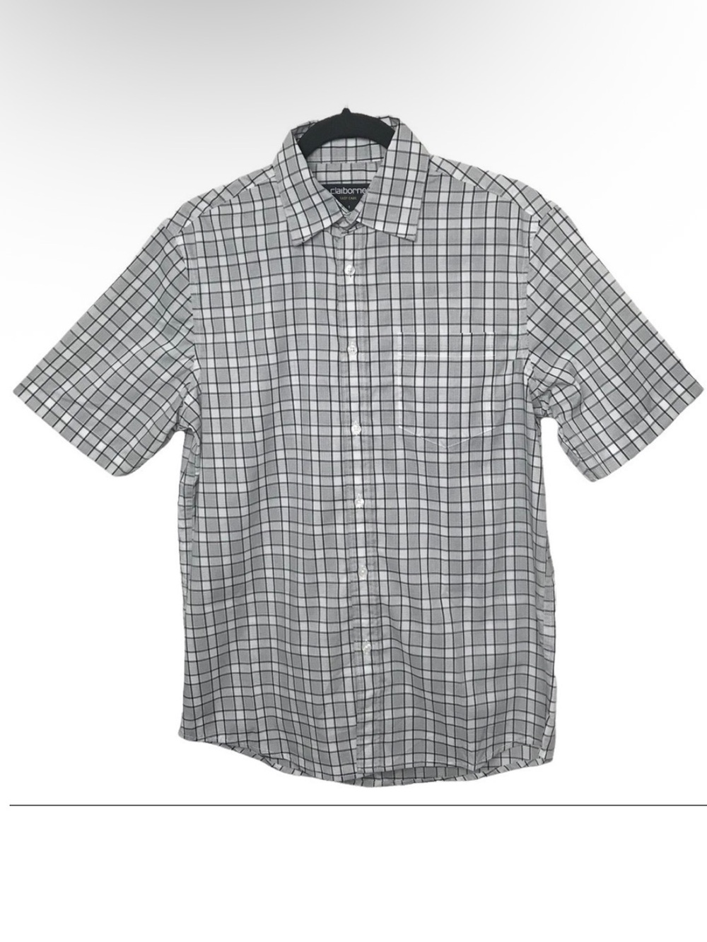 Claiborne Easy Care Gray Plaid Check Button Up Shirt